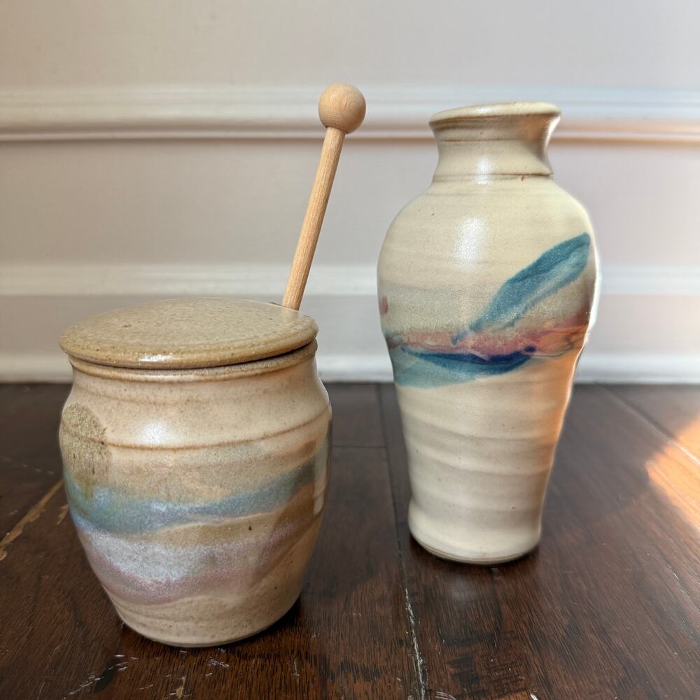 Handmade Ceramic Honey Pot Vase Set Blue Beige Brown Earthy Pottery Decor